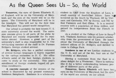 Student editorial in the Diamondback explaining how students saw the University of Maryland at the time of the Queen's visit.