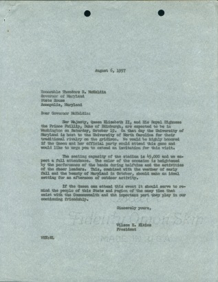 Letter from President Elkins urging Governor McKeldin to invite Queen Elizabeth and Prince Philip to the football game.