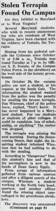 1947-11-07 - DBK - Stolen Terrapin Found on Campus