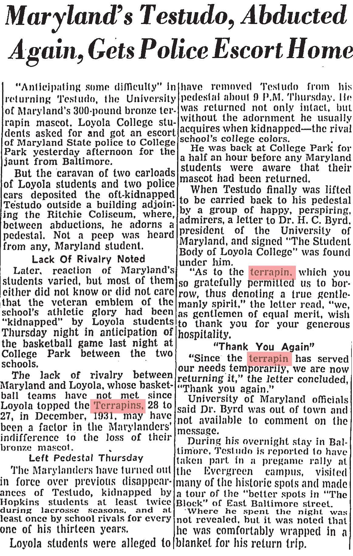 Maryland's Testudo, Abducted Again, Gets Police Escort Home - Sun - Dec 13, 1947