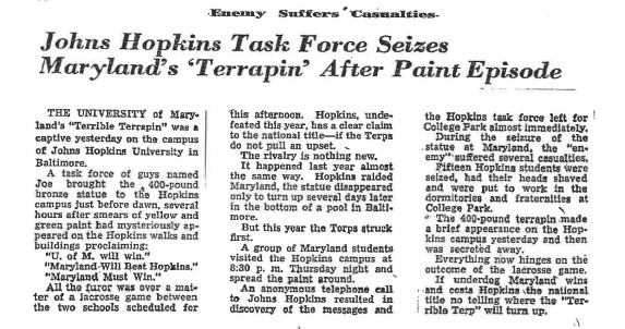 WaPo - 5-24-1947 - Johns Hopkins Task Force Seizes Maryland's 'Terrapin' After Paint Episode