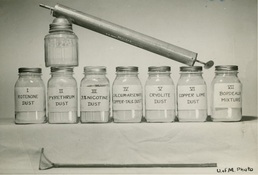 Seven glass jars with metal lids in a line, each noting the scientific name of the pesticide within. The pesticides are all powdery and white. Another jar with no label and a sprayer rests on top of the jars. The sprayer resembles a caulking gun or very large syringe, with a nozzle, a tubular barrel, and a plunger on the end. 