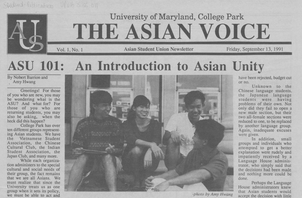 Black and white clipping of a newspaper. At the top it says "The Asian Voice", the article is titled "ASU 101: An Introduction to Asian Unity". Below that is a black and white photo of four Asian students sitting outside of a building. They are smiling and looking at each other.