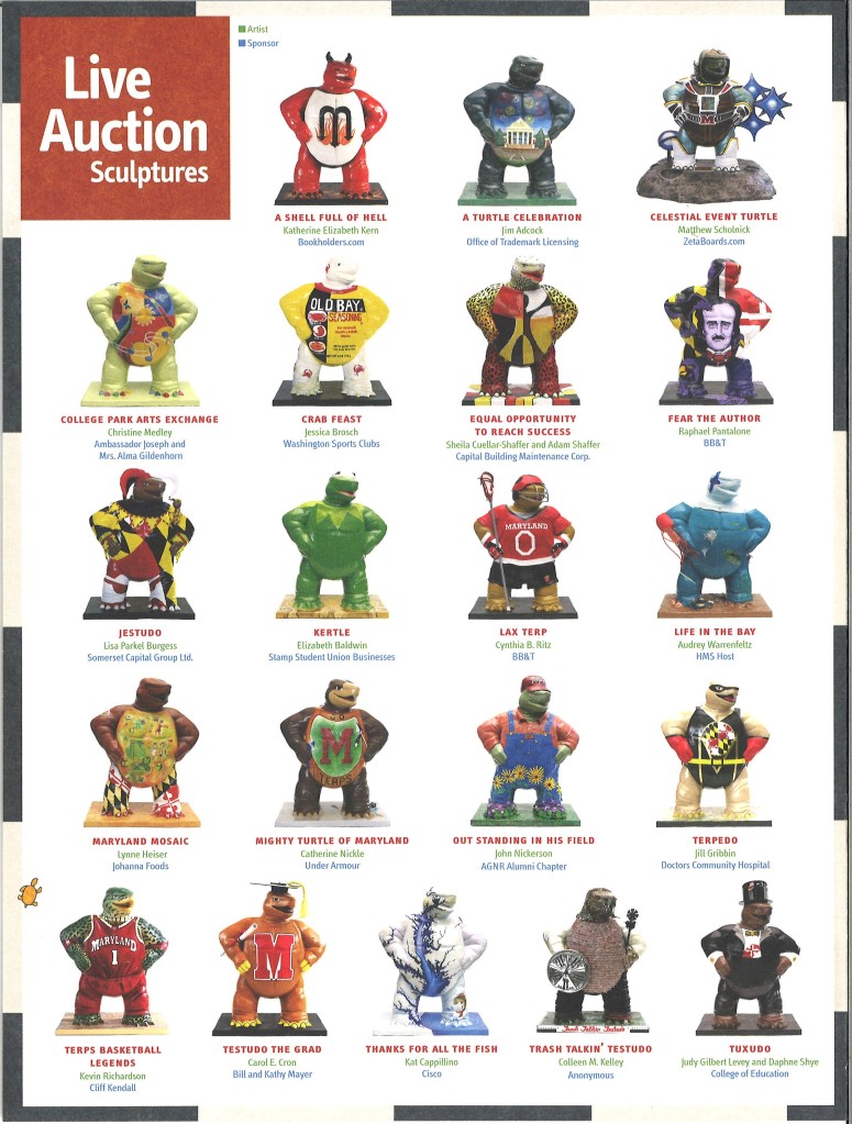 List of all of the Testudo sculptures available at the auction. In the top left, it says "Live Auction Sculptures". Starting from the top there are small images of each sculpture in five rows. 