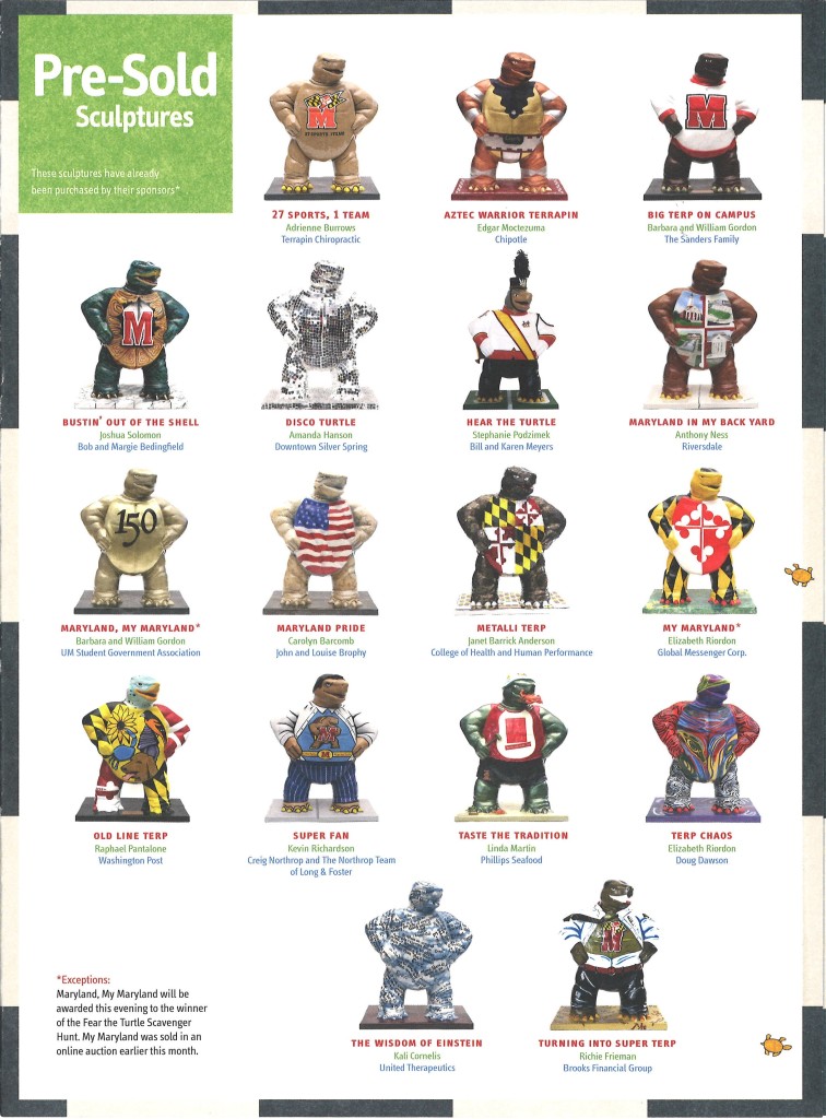 List of all of the Testudo sculptures available. In the top left, it says "Pre-Sold Sculptures". Starting from the top there are small images of each sculpture in five rows. 