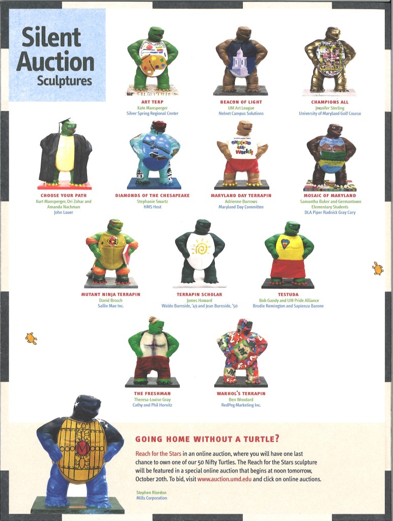 List of all of the Testudo sculptures available at the silent auction. In the top left, it says "Silent Auction Sculptures". Starting from the top there are small images of each sculpture in four rows. 