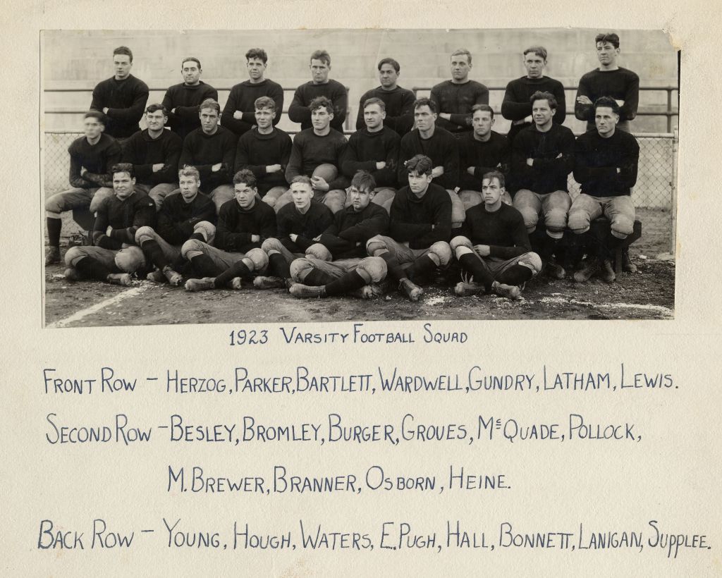 Black and white photo of the 1923 football team. There are three rows of men sitting, each one wearing a black long sleeve shirt, beige pants, and black socks. They all have short hair. The first row is sitting on the ground, the second on a bench behind them and third row standing. Beneath the photo is says "1923 varsity football squad" and the names of each person in each row.