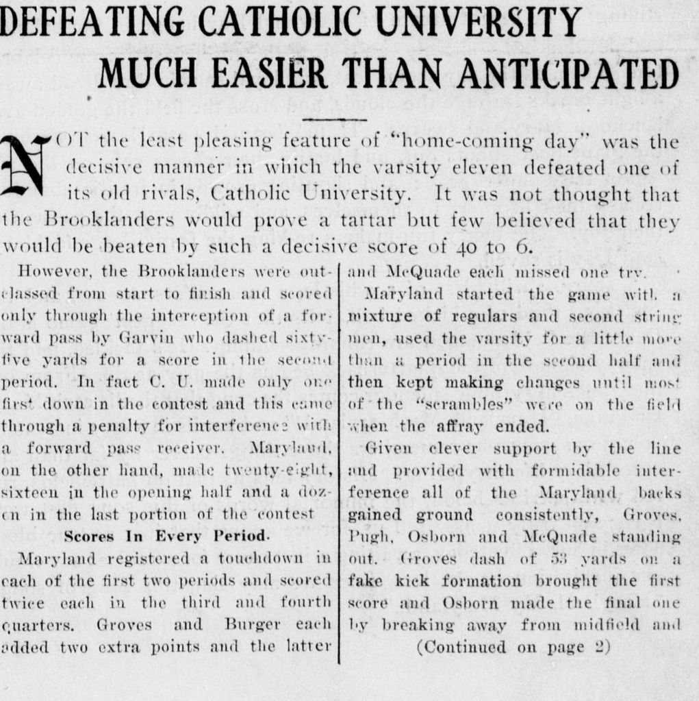 Newspaper clipping titled "Defeating Catholic University Much Easier than Anticipated" 