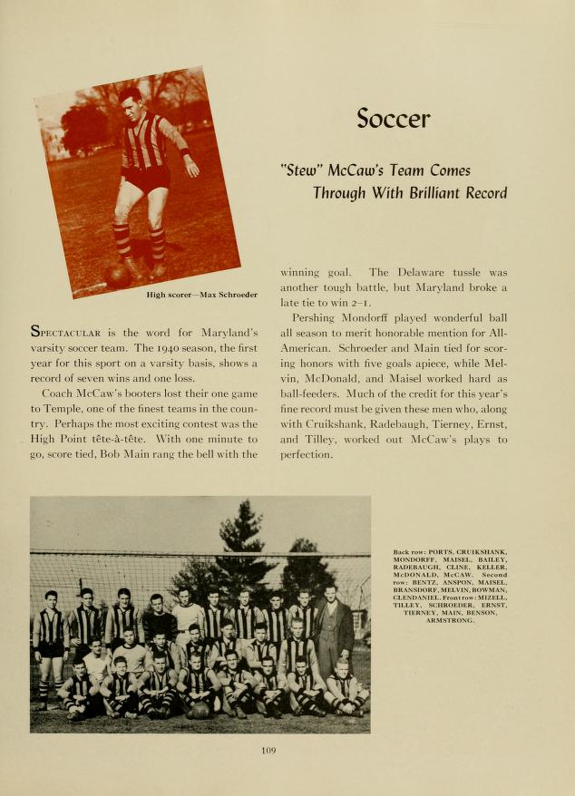 Yearbook page titled "Soccer". There are two paragraphs in two columns writing about the soccer team. At the bottom of the page is a team photo in black and white. 