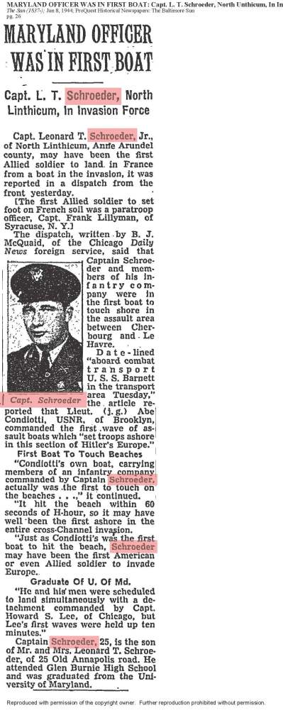 Article clipping titled "MARYLAND OFFICER WAS IN FIRST BOAT"