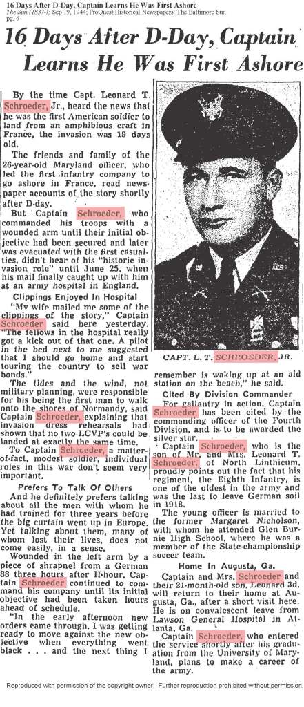 Article clipping titled "16 Days After D-Day, Captain Learns He Was First Ashore." 