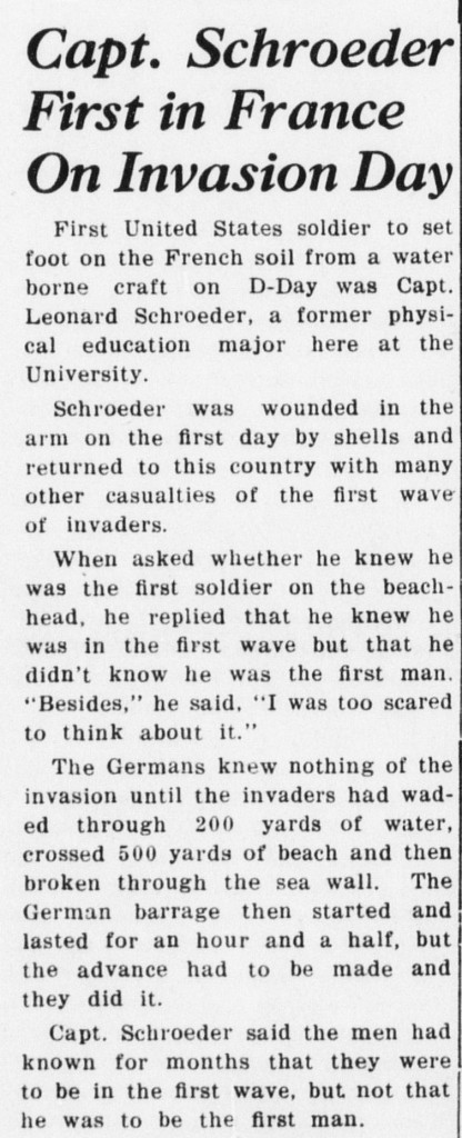 Article clipping titled "Capt. Schroeder First in France On Invasion Day." 