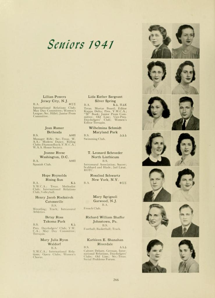 A yearbook page. At the top it says "Seniors 1941." To the left (in a column) it lists the name and a small bio of 14 people. To the right, there is a small thumbnail sized photo of each person. 