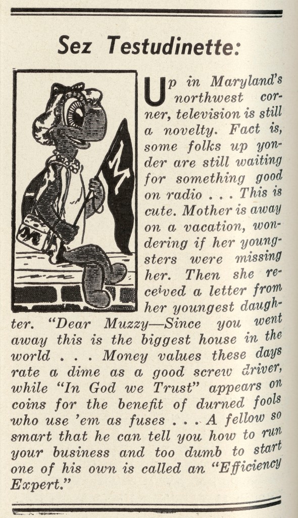 Black and white clipping of an article in Alumni Magazine. There is a cartoon drawing of Testudo with shoulder-length hair, wearing a dress and a shoulder purse and a bracelet. 