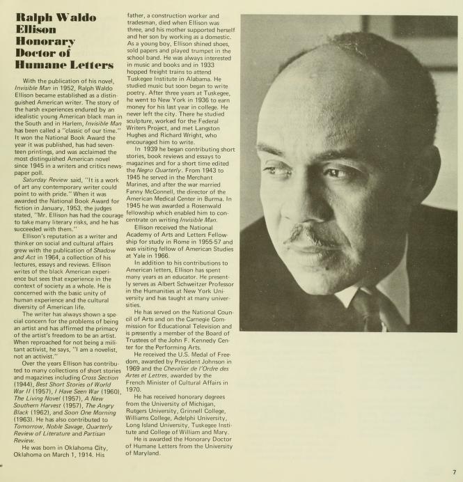 A scan of the bio of Ralph Ellison from the 1974 Spring Commencement program. There is a headshot of Ellison on the left, and he is wearing a suit and tie, while gazing off to the left. 