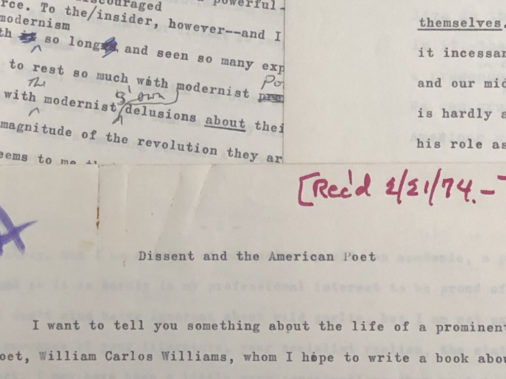 A photo of a piece of paper with writing on it titled "Dissent and the American Poet"